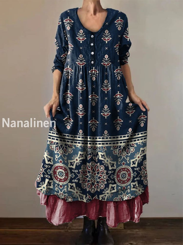 Vintage V-neck Ethnic Floral Print Elegant Chic Loose Midi Dress Dark Blue / S