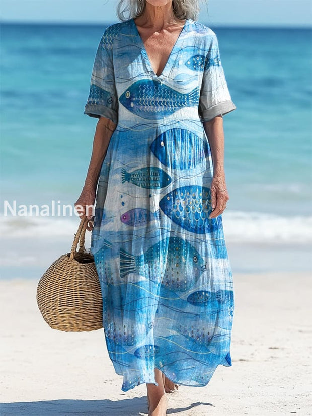 Vintage V-Neck Fish Art Print Elegant And Chic Loose Midi Dress A / S