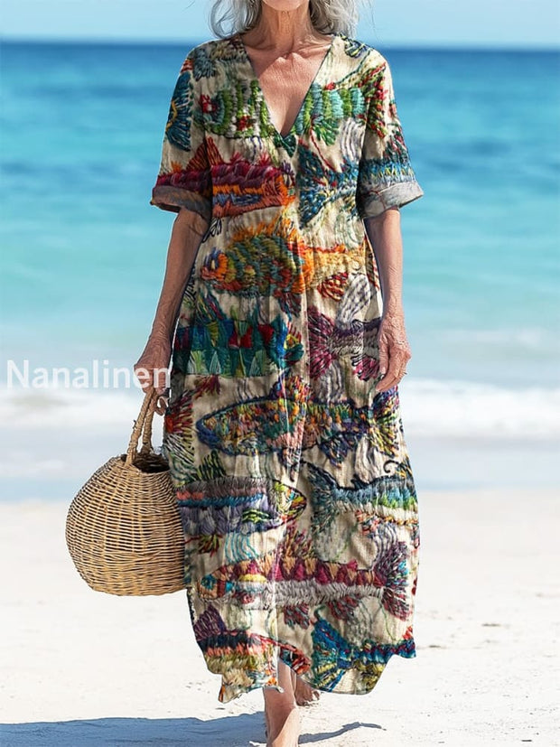 Vintage V-Neck Fish Art Print Elegant And Chic Loose Midi Dress A / S