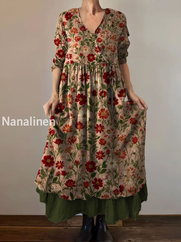 Vintage V-Neck Floral Art Print Elegant And Chic Loose Midi Dress A / S