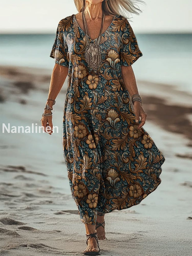 Vintage V-Neck Floral Art Print Elegant And Chic Loose Midi Dress A / S