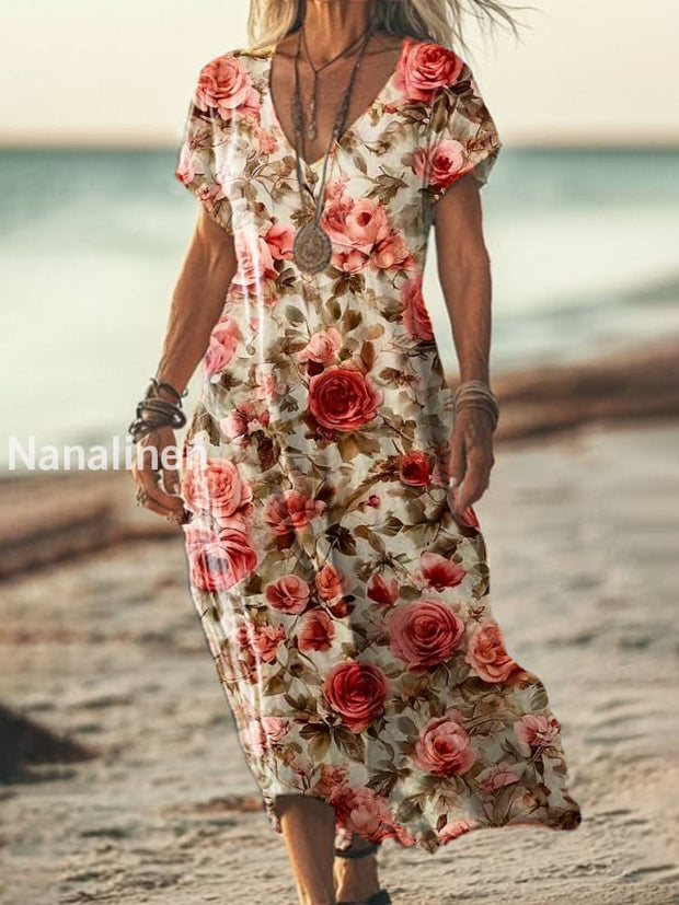 Vintage V-Neck Floral Art Print Elegant And Chic Loose Midi Dress A / S