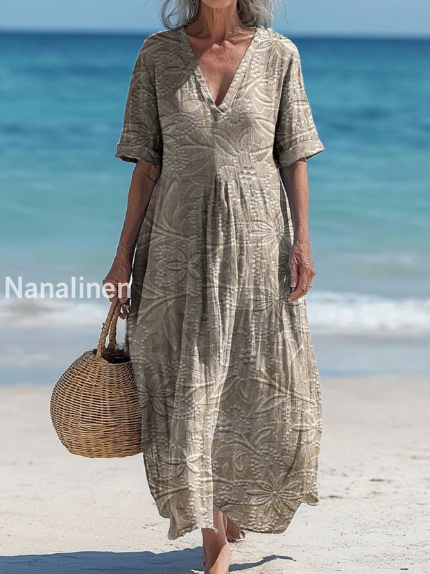 Vintage V-Neck Floral Art Print Elegant And Chic Loose Midi Dress A / S