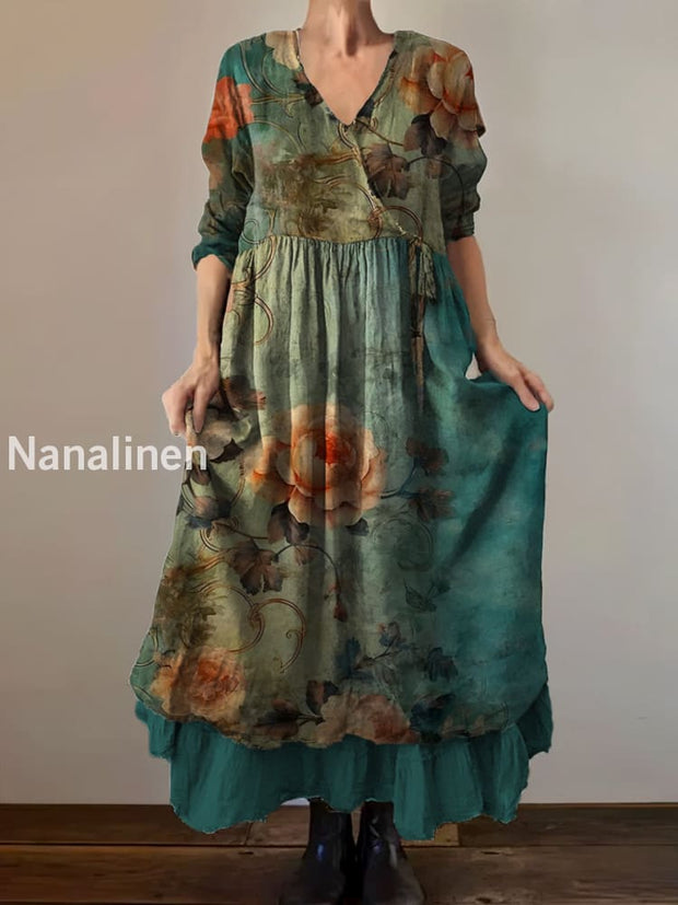 Vintage V-Neck Floral Art Print Elegant And Chic Loose Midi Dress A / S