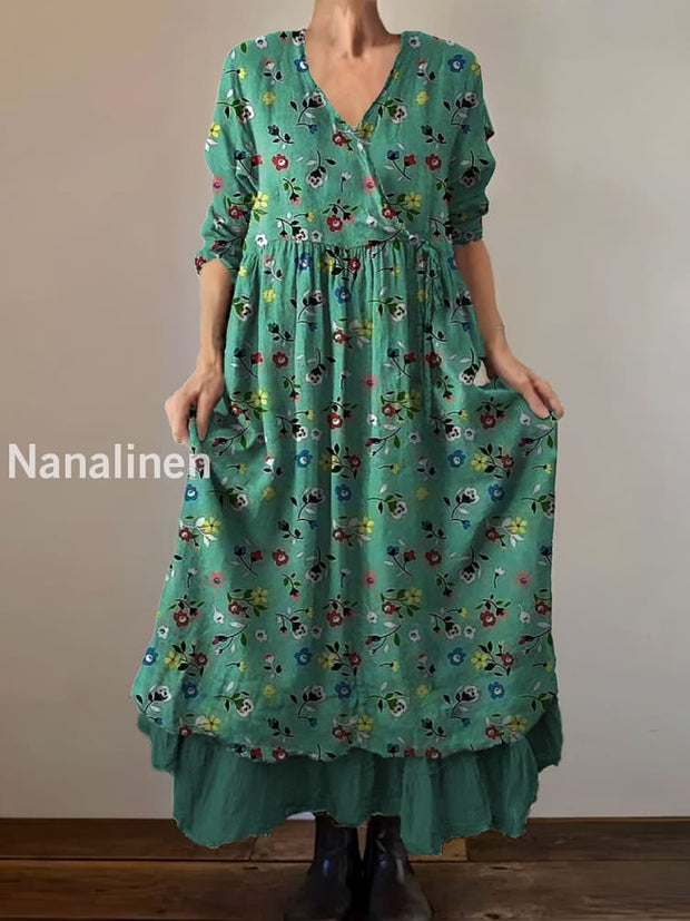 Vintage V-Neck Floral Art Print Elegant And Chic Loose Midi Dress A / S