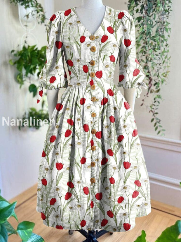 Vintage V-Neck Floral Art Print Short Sleeve Dress A / S