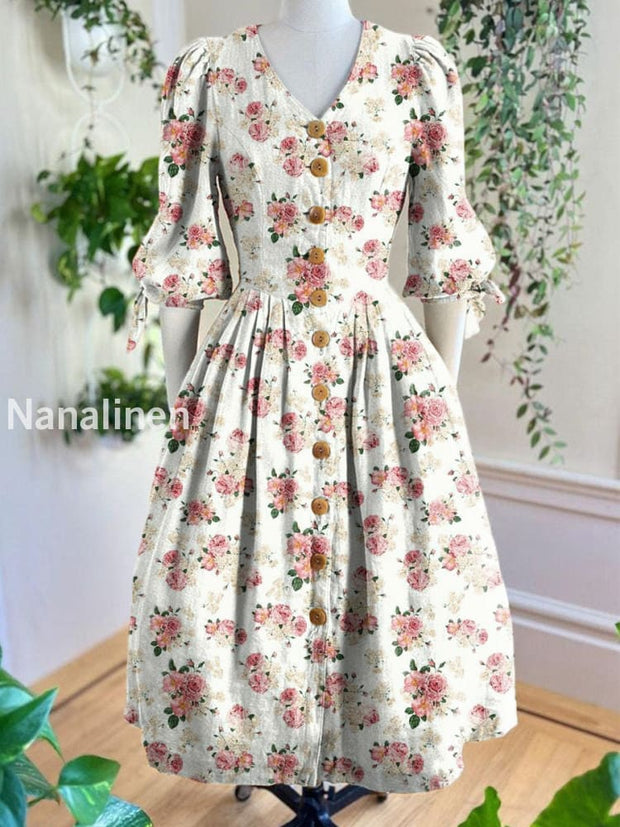 Vintage V-Neck Floral Art Print Short Sleeve Dress A / S