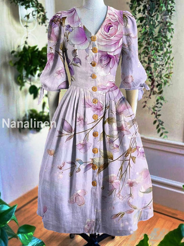 Vintage V-Neck Floral Art Print Short Sleeve Dress A / S