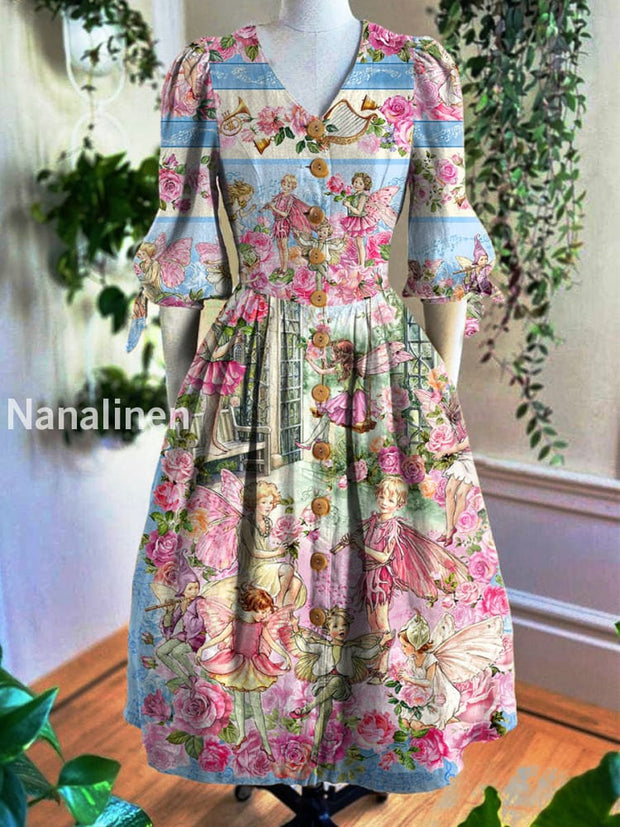 Vintage V-Neck Floral Art Print Short Sleeve Dress A / S