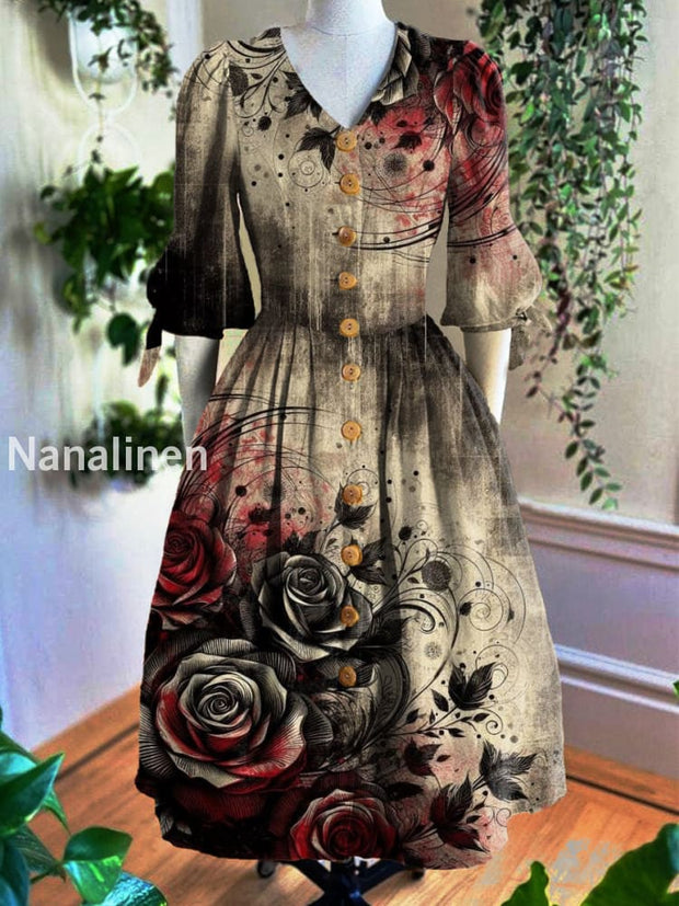 Vintage V-Neck Floral Art Print Short Sleeve Dress A / S