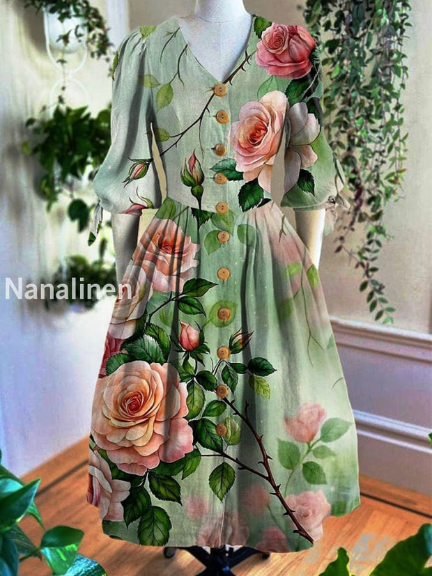 Vintage V-Neck Floral Art Print Short Sleeve Dress A / S