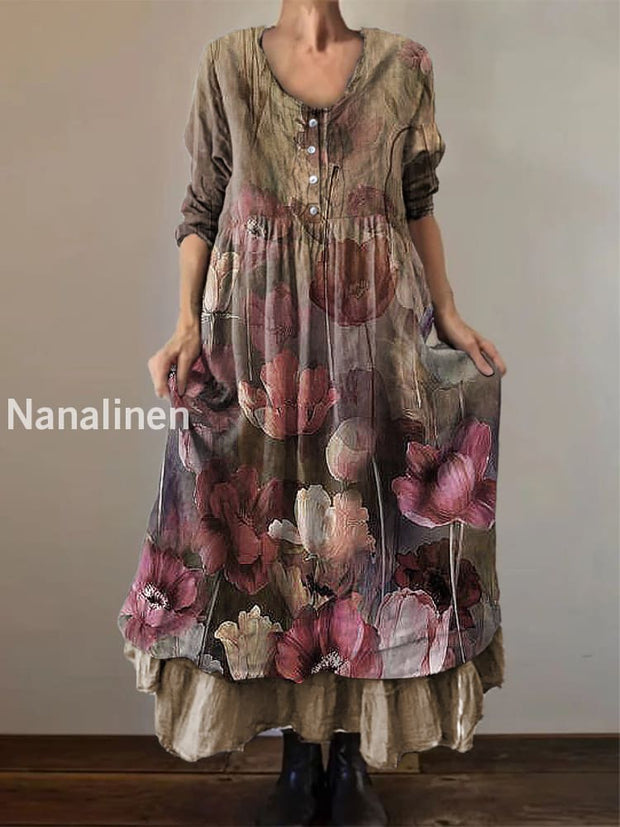 Vintage V-neck Floral Print Elegant Chic Loose Midi Dress Light Brown / S