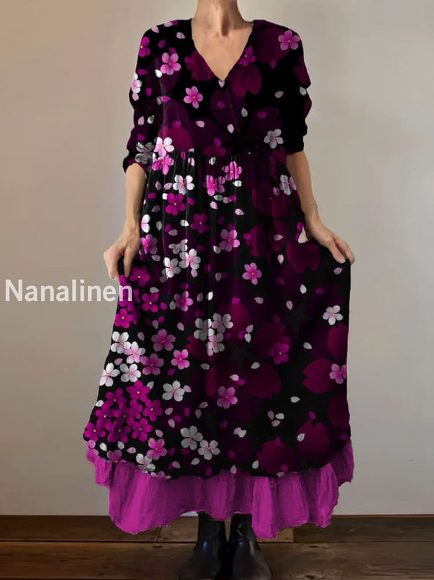 Vintage V-Neck Floral Print Loose Midi Dress A / S