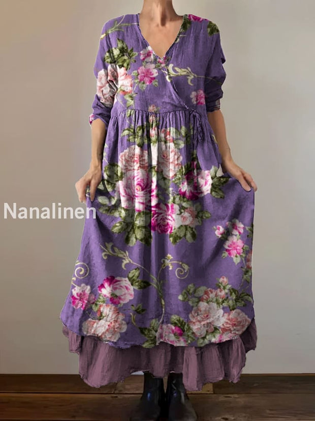 Vintage V-Neck Floral Print Loose Midi Dress A / S