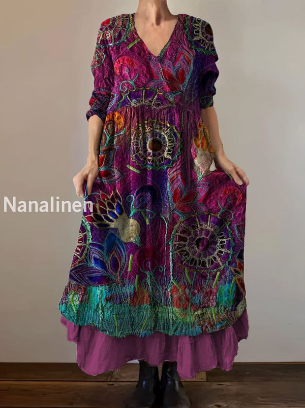 Vintage V-Neck Floral Print Loose Midi Dress A / S