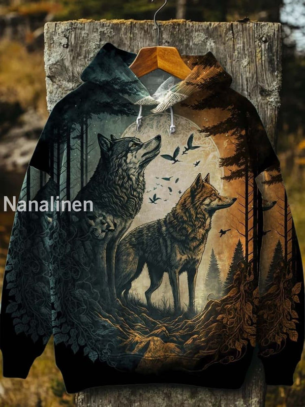 Wolf In The Forest Print Casual Hooded Sweatshirt As picture / S