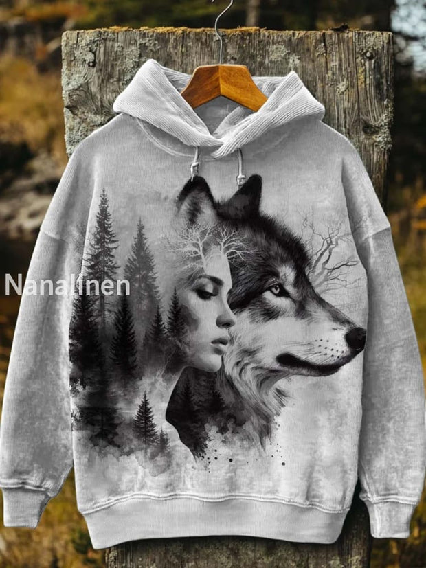 Woman In The Forest With Wolf Print Casual Hooded Sweatshirt As picture / S