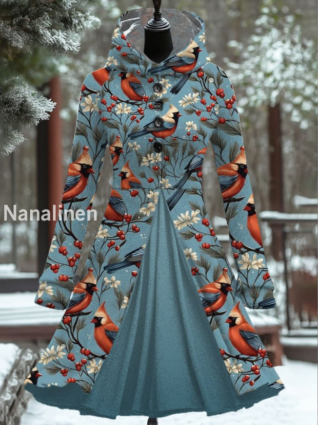 Women Fashion Elegant Art Bird Animal Print Long Sleeve Button Hooded Fake Two Piece Mini Dress A /