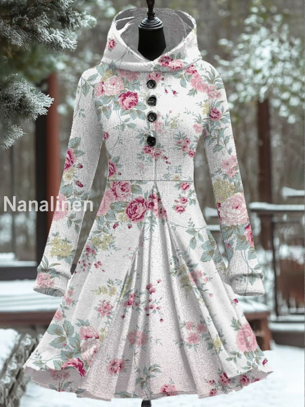 Women Fashion Elegant Art Floral Print Long Sleeve Button Hooded Fake Two Piece Mini Dress A / S