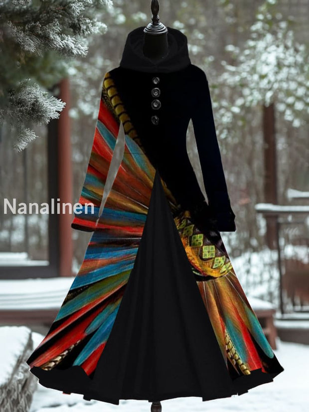 Women Fashion Elegant Feather Art Print Long Sleeve Hooded Button Fake Two Piece Thick Dress A / S