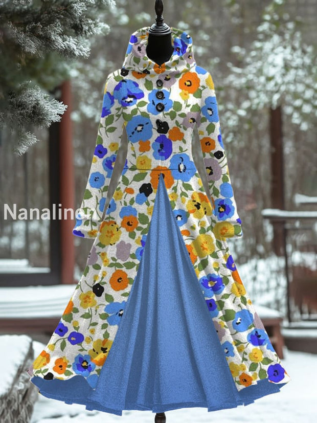 Women Fashion Elegant Saint Art Print Long Sleeve Hooded Button Fake Two Piece Thick Dress A / S