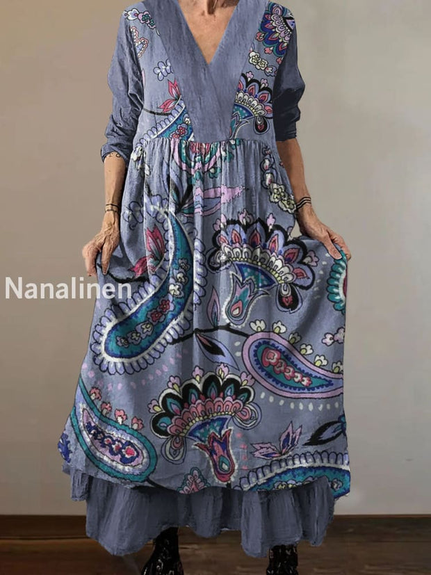 Women`s Abstract Boho Print Cotton and Linen V-neck Midi Dress Purple / S