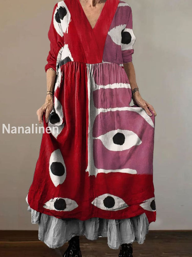 Women`s Abstract Eyes Boho Art Print Cotton V-neck Midi Dress Colorful / S