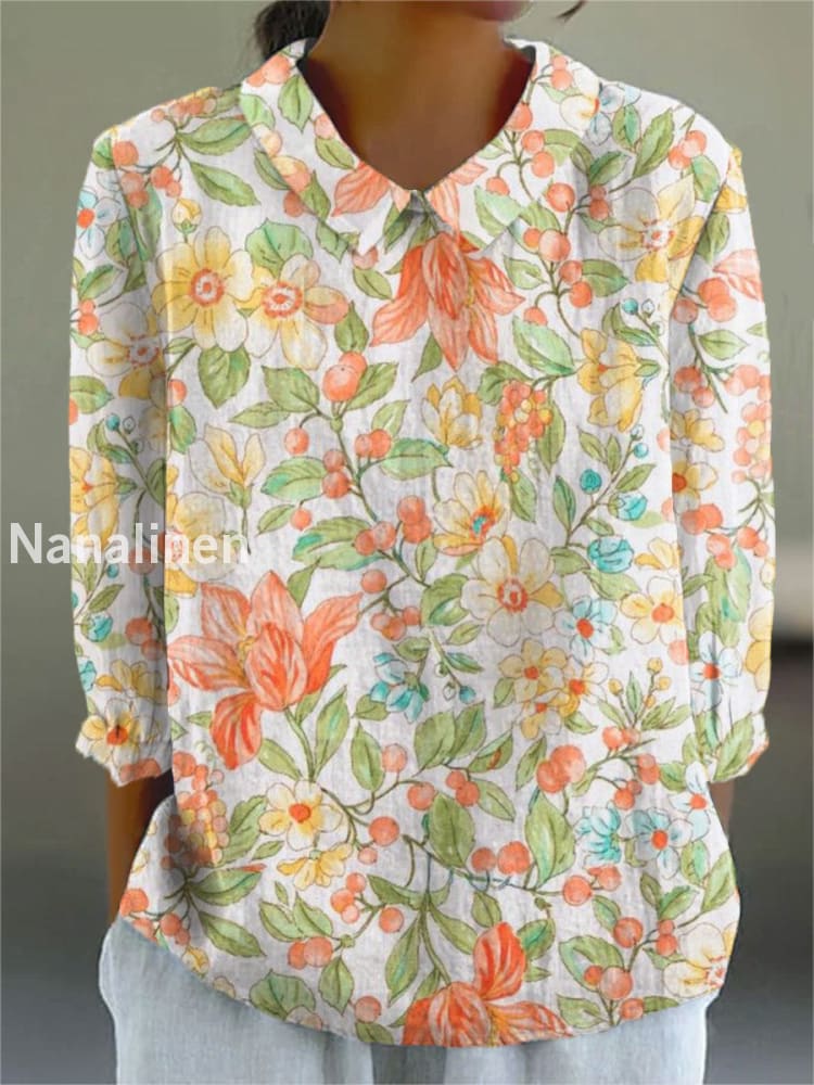 Women’s Abstract Floral Art Print Casual Cotton and Linen Top A / S