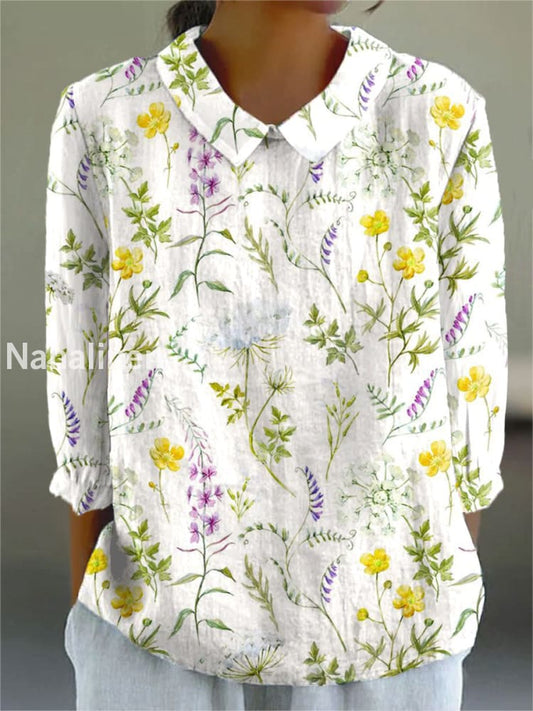 Women’s Abstract Floral Art Print Casual Cotton and Linen Top A / S