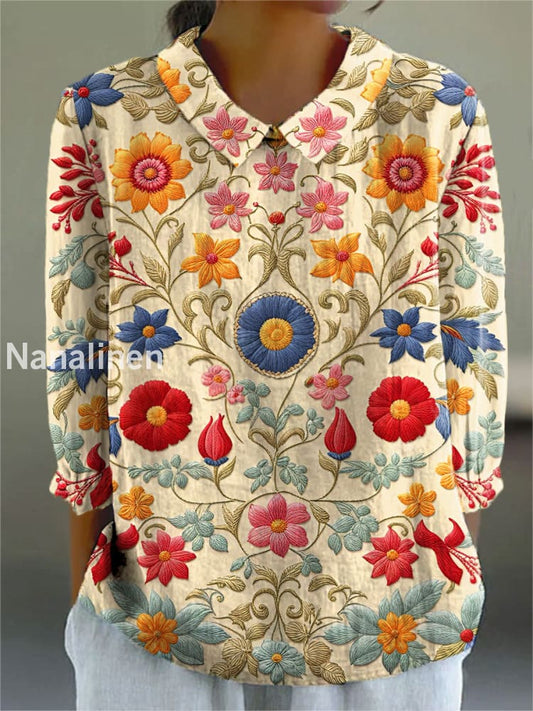Women’s Abstract Floral Art Print Casual Cotton and Linen Top A / S