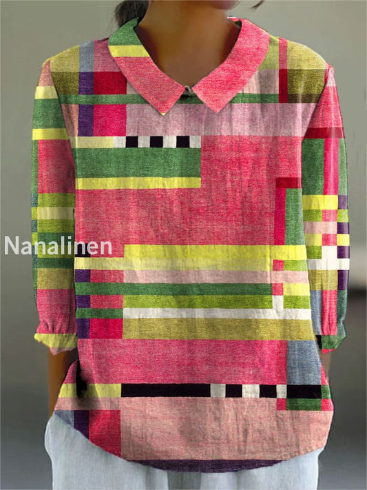 Women’s Abstract Geometric Art Print Casual Cotton and Linen Top A / S