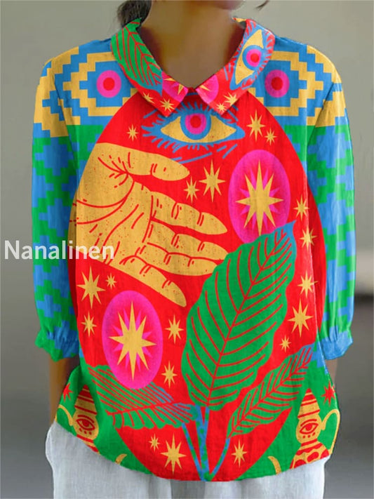 Women’s Abstract Geometric Art Print Casual Cotton and Linen Top A / S