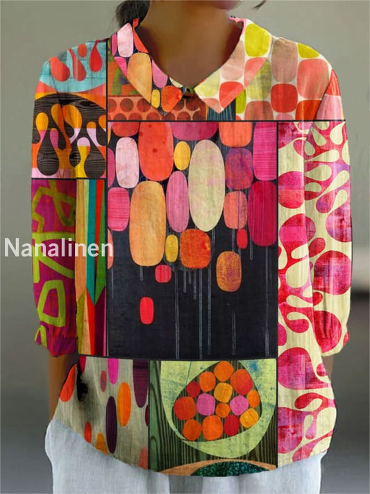 Women’s Abstract Geometric Art Print Casual Cotton and Linen Top A / S