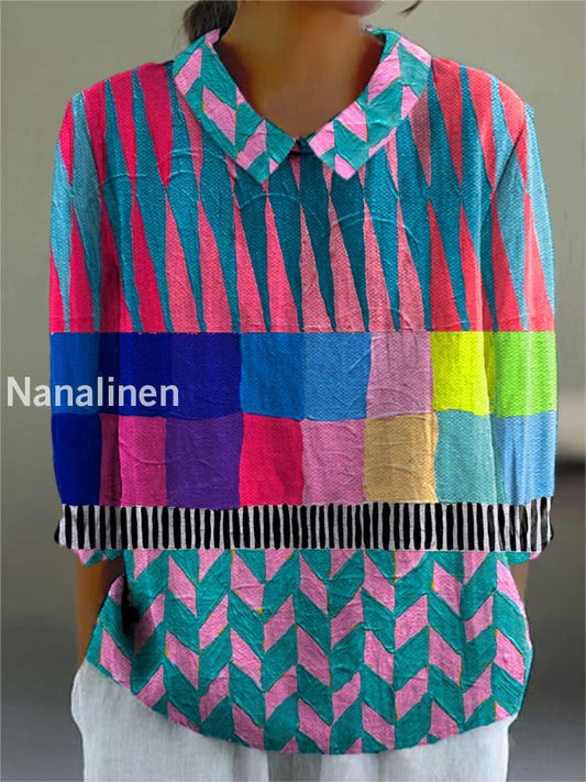 Women’s Abstract Geometric Art Print Casual Cotton and Linen Top A / S