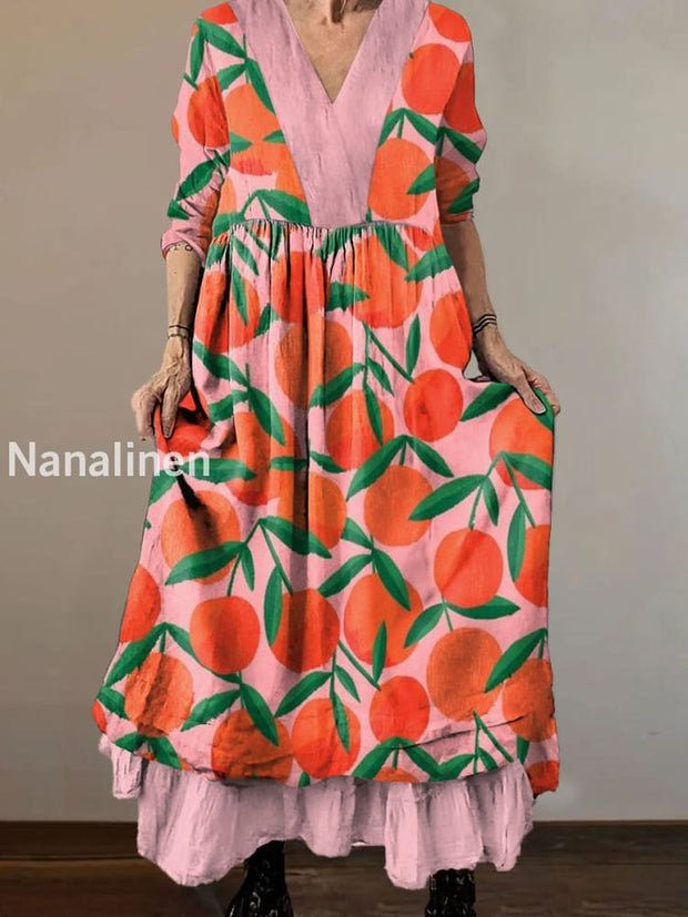 Women`s Abstract Hippie Persimmon Print Cotton and Linen V-neck Midi Dress Colorful / S