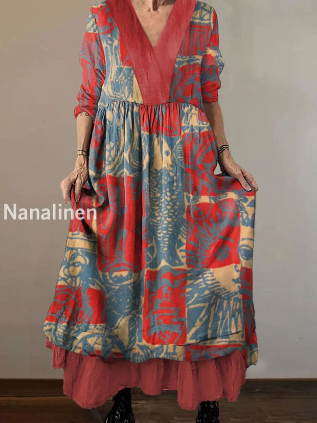 Women`s Abstract Hippie Print Cotton and Linen V-neck Midi Dress Colorful / S