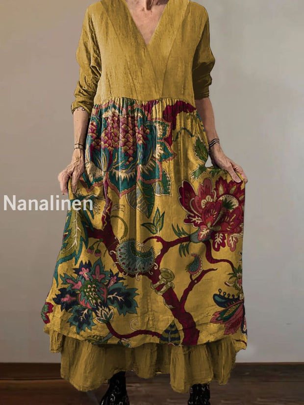 Women`s Abstract Lotus Hippie Print Cotton and Linen V-neck Midi Dress Yellow / S