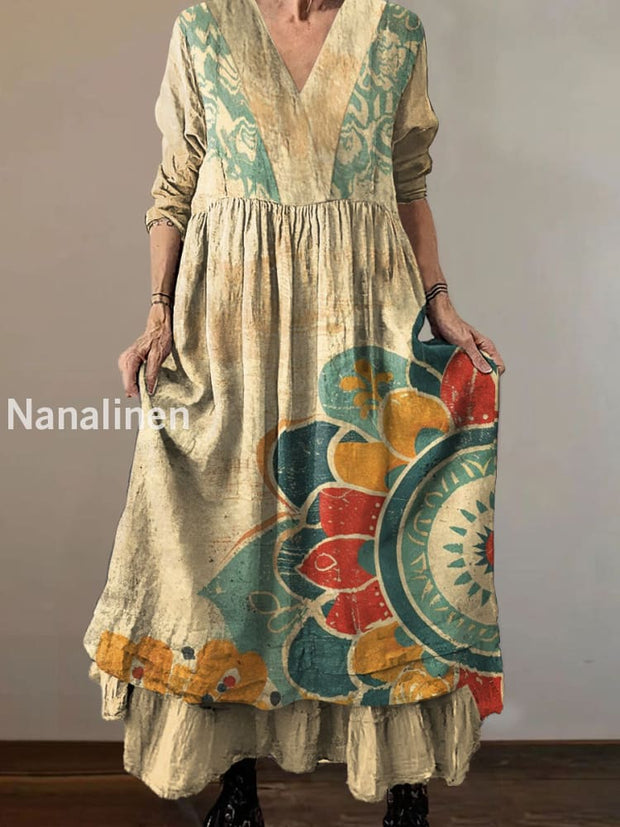 Women`s Abstract Sun Hippie Print Cotton and Linen V-neck Midi Dress Colorful / S