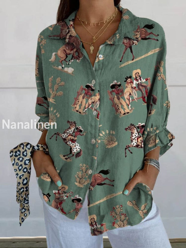 Women’s Animal Equestrian Art Print V-Neck Long Sleeve Button-Down Shirt A / S