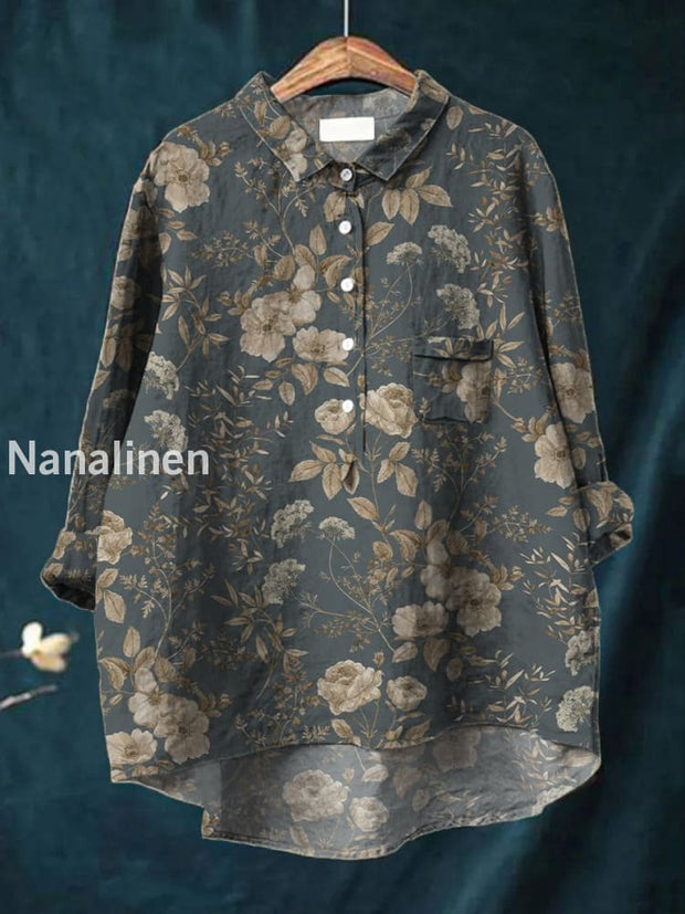 Women’s Art Floral Print V Neck Long Sleeve Button Pocket Shirt Top A / S