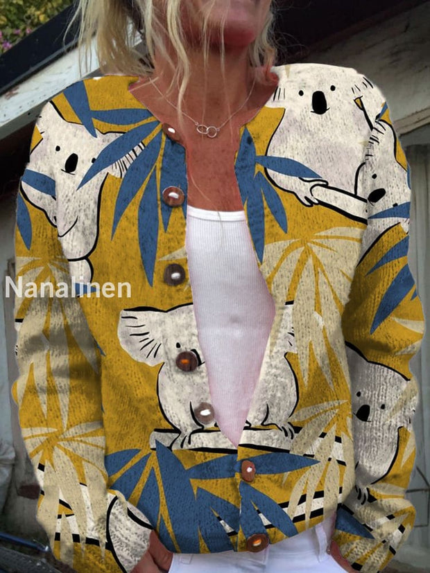 Women’s Art Koala Print V-Neck Long Sleeve Knitted Button Sweater Cardigan A / S