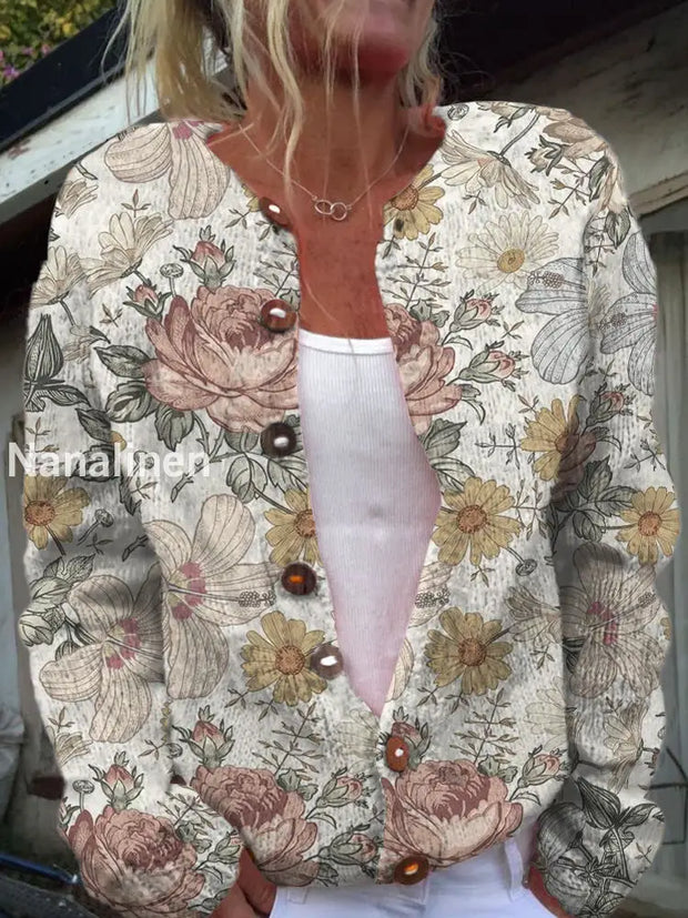 Women’s Artistic Floral Print V-Neck Long Sleeve Knit Button Cardigan Sweater A / S