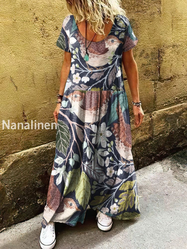 Women’s Bohemian Birds And Flowers Print Art Short Sleeve Casual Dress Colorful / S