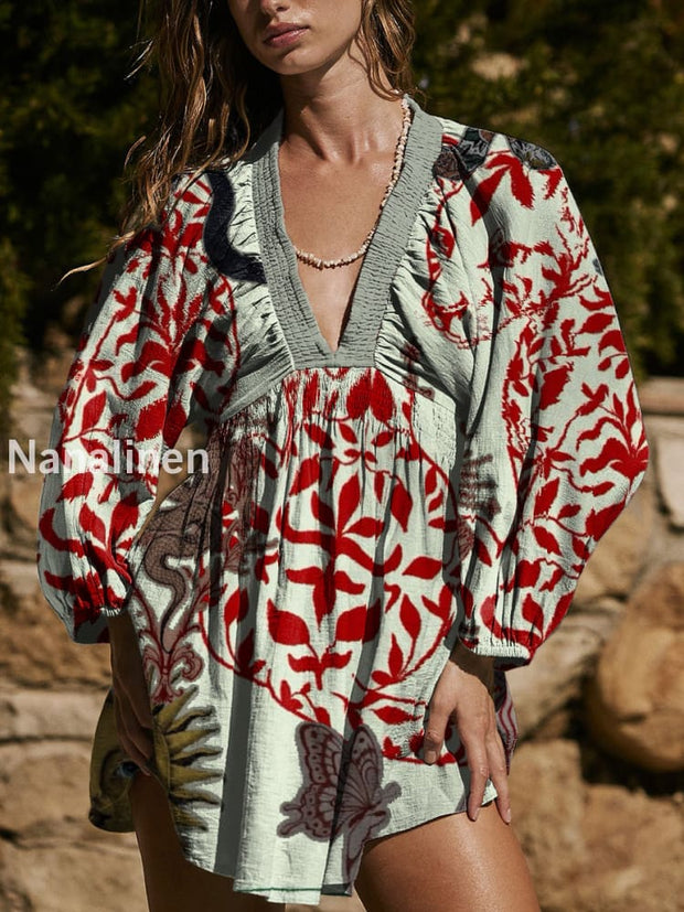 Women`s Bohemian Style Abstract Flowers Print Cotton V-neck Mini Dress Colorful / S