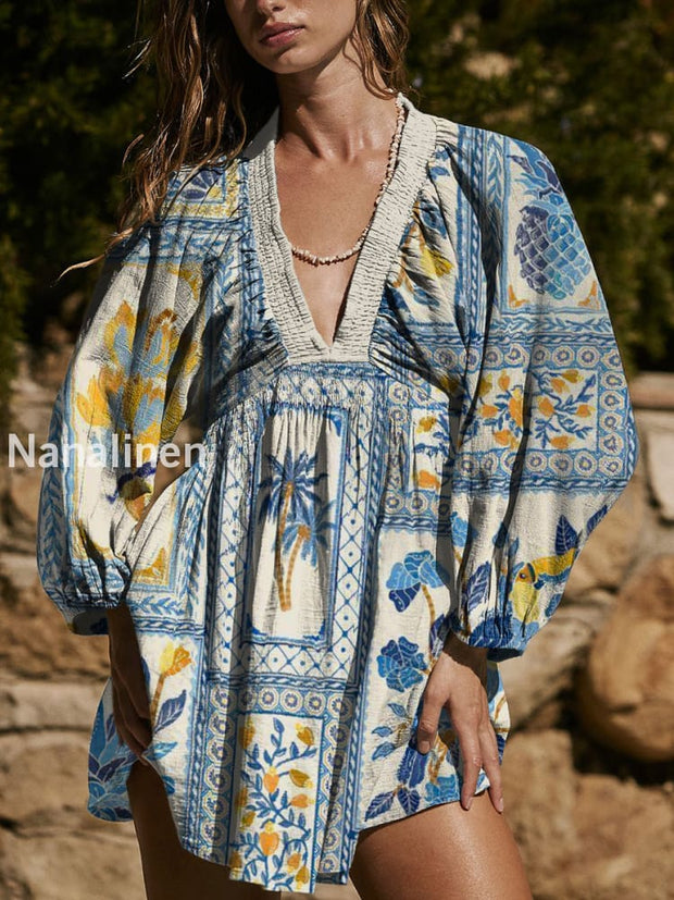 Women`s Bohemian Style Floral Print Cotton V-neck Mini Dress Colorful / S