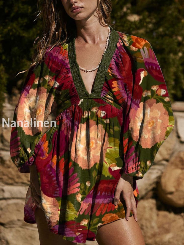 Women`s Bohemian Style Flowers And Bird Print Cotton V-neck Mini Dress Colorful / S