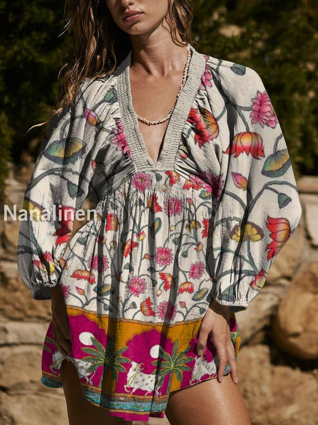 Women`s Bohemian Style Flowers Print Cotton V-neck Mini Dress Colorful / S