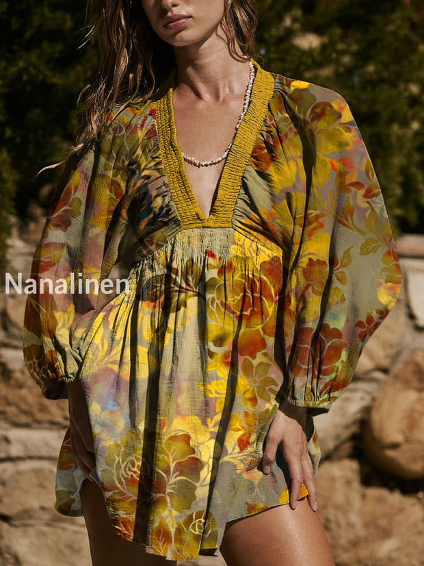 Women`s Bohemian Style Flowers Print Cotton V-neck Mini Dress Colorful / S