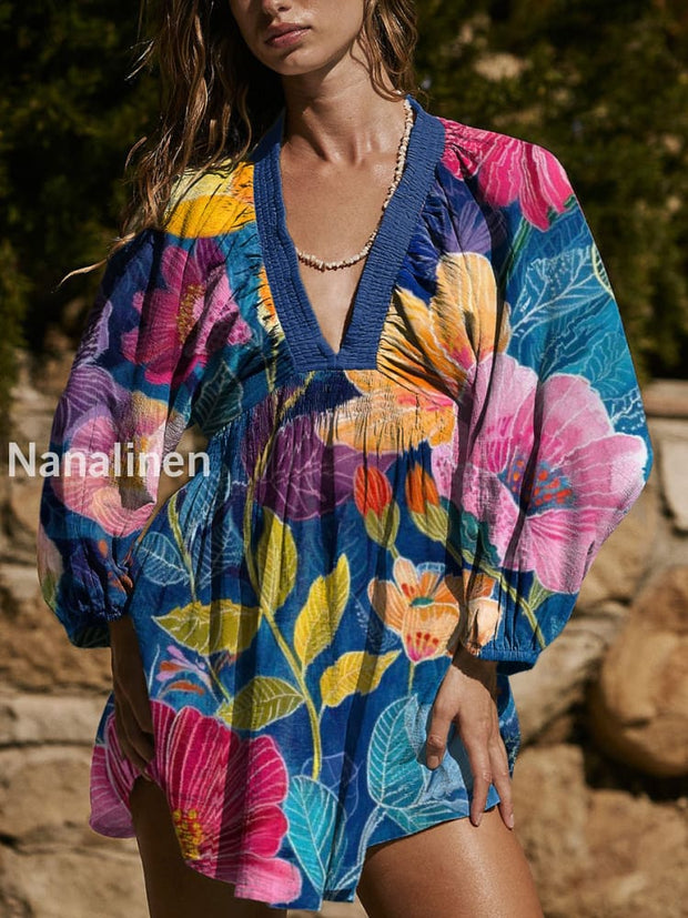 Women`s Bohemian Style Flowers Print Cotton V-neck Mini Dress Colorful / S