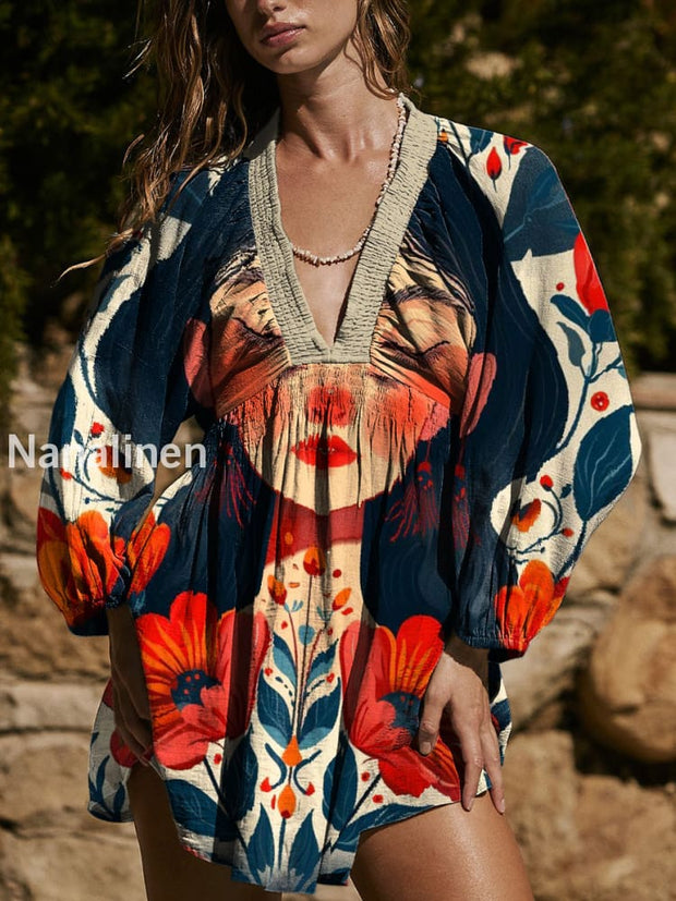Women`s Bohemian Style Hippie Girl Print Cotton V-neck Mini Dress Colorful / S